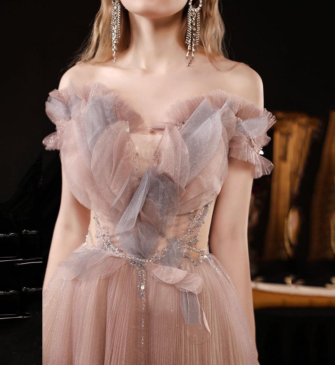 Simple Women Unique Tulle Long Prom Dress A Line Evening Dress AP00202