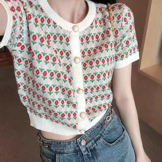 Vintage, Round Neck Pearl Button ,short Sleeve Knitted Top, Floral Slim Small Crop Top AP000182