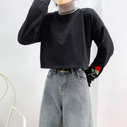 Delicate Rose Embroidery, Loose Casual Sweatshirt, Long - Sleeve T - Shirt AP000152