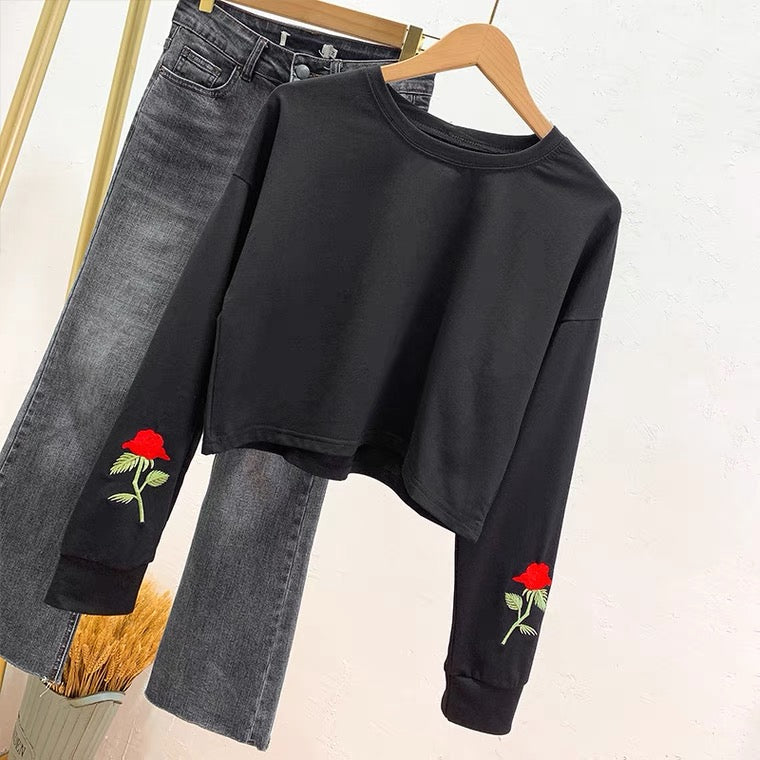 Delicate Rose Embroidery, Loose Casual Sweatshirt, Long - Sleeve T - Shirt AP000152