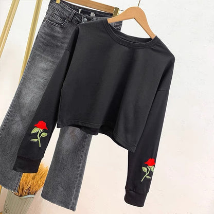 Delicate Rose Embroidery, Loose Casual Sweatshirt, Long - Sleeve T - Shirt AP000152