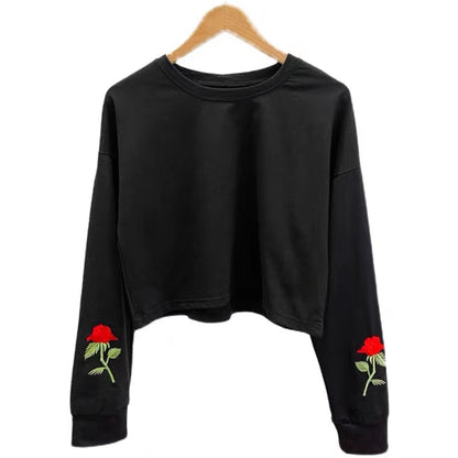 Delicate Rose Embroidery, Loose Casual Sweatshirt, Long - Sleeve T - Shirt AP000152