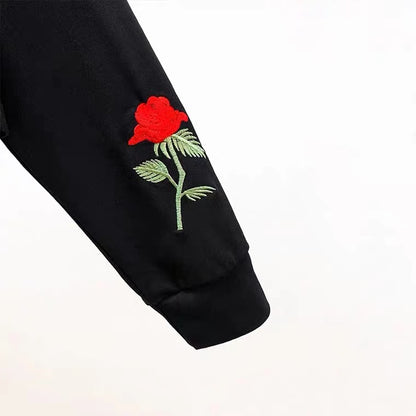 Delicate Rose Embroidery, Loose Casual Sweatshirt, Long - Sleeve T - Shirt AP000152