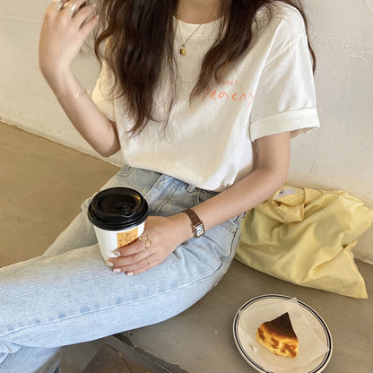 Cute, Printed, Loose Base Shirt, Short Sleeve T-shirt, White Half Sleeve Top AP000169