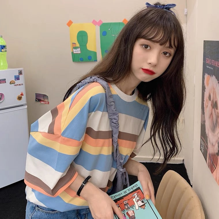 Simple Cute Short Sleeve Striped T-shirt, Loose, Student-languid Style, Gentle Top AP000151