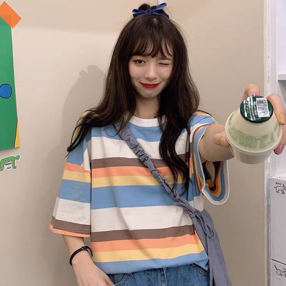 Simple Cute Short Sleeve Striped T-shirt, Loose, Student-languid Style, Gentle Top AP000151