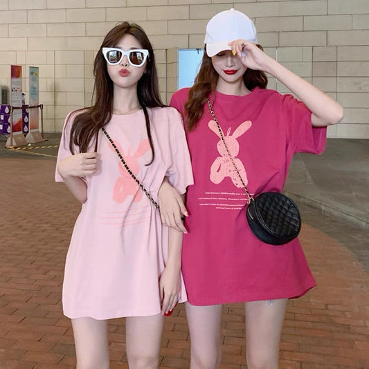 Cute Loose Pink T-shirt, Bestie Short-sleeved Top, Medium Length Top AP000159