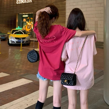 Cute Loose Pink T-shirt, Bestie Short-sleeved Top, Medium Length Top AP000159