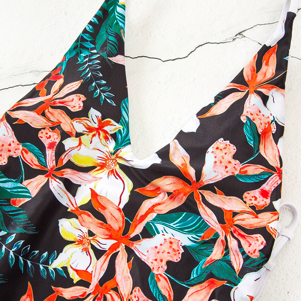 One-piece Swimsuit Floral Strap Deep V Sexy Bikini Swimwear AP000131
