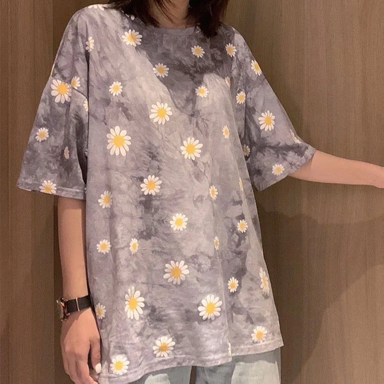 Spring And Summer, Small Daisy Flower Tie-dyed T-shirt ,short Sleeves, Loose And Comfortable, Bf Original Style, Couples AP00036