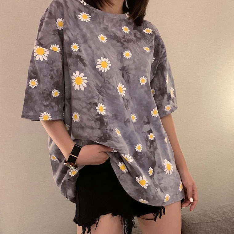 Spring And Summer, Small Daisy Flower Tie-dyed T-shirt ,short Sleeves, Loose And Comfortable, Bf Original Style, Couples AP00036