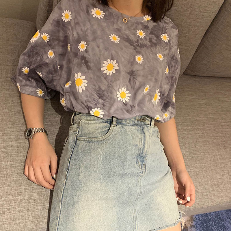 Spring And Summer, Small Daisy Flower Tie-dyed T-shirt ,short Sleeves, Loose And Comfortable, Bf Original Style, Couples AP00036