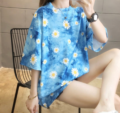 Spring And Summer, Small Daisy Flower Tie-dyed T-shirt ,short Sleeves, Loose And Comfortable, Bf Original Style, Couples AP00036