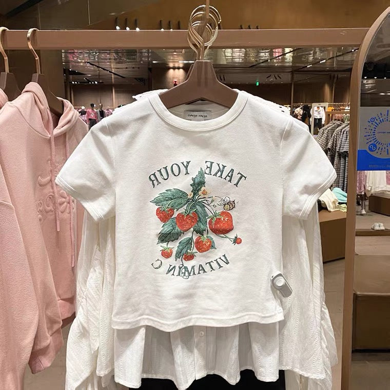 Short Style, High Waist Short Sleeve T-shirt, Round Neck Top, Monogrammed Printed T-shirt AP000173