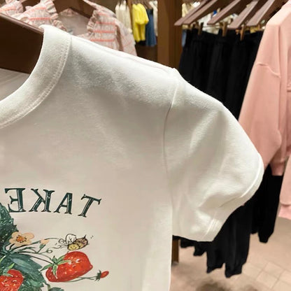 Short Style, High Waist Short Sleeve T-shirt, Round Neck Top, Monogrammed Printed T-shirt AP000173