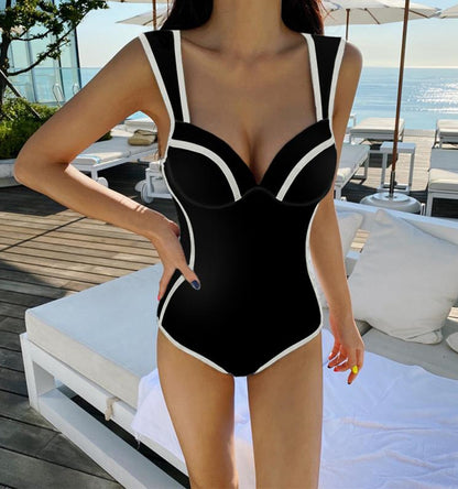 Style Swimsuit Female Sexy Steel Bracket Gathered In One-piece Spring Resort Swimsuit Black And White Show Thin Cover Belly AP00051
