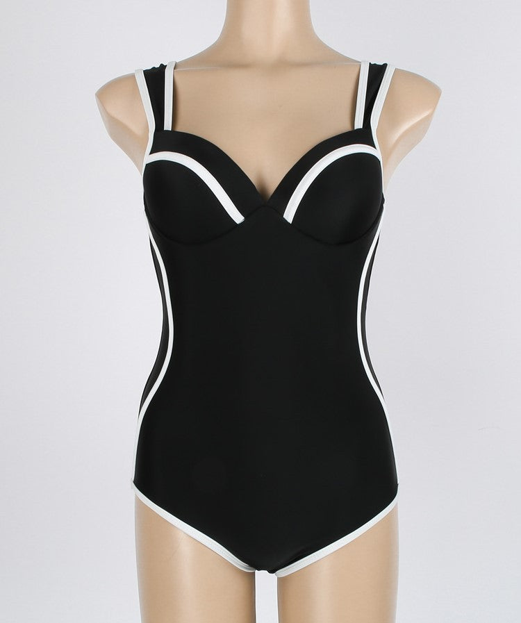 Style Swimsuit Female Sexy Steel Bracket Gathered In One-piece Spring Resort Swimsuit Black And White Show Thin Cover Belly AP00051