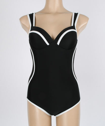 Style Swimsuit Female Sexy Steel Bracket Gathered In One-piece Spring Resort Swimsuit Black And White Show Thin Cover Belly AP00051