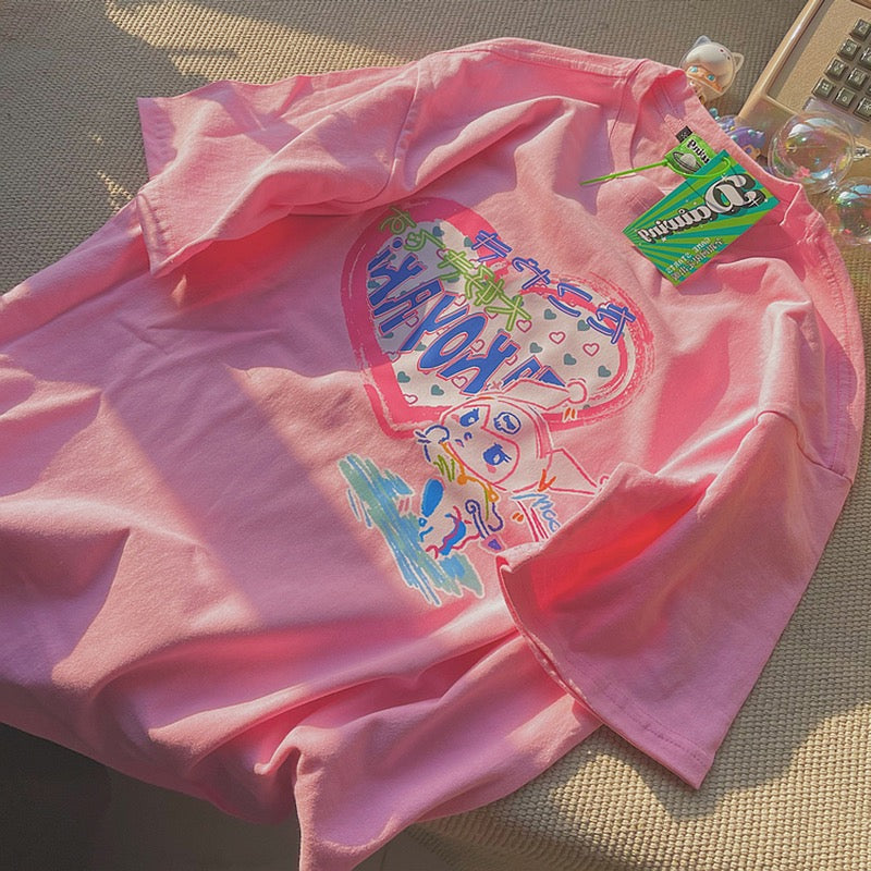 Large Size Short Sleeve T-shirt, Loose, Bf Lazy Style, Printed Top AP00093