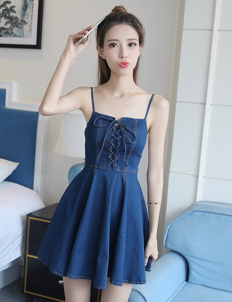 Spaghetti Strap Denim Dress, Temperament, Sweet Backless Dress AP00218