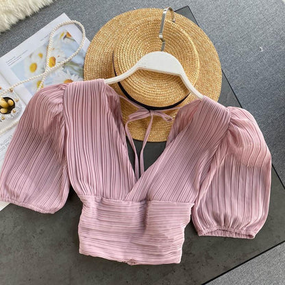 Summer Style Women's Deep V Puff Sleeve Short Top AP00030