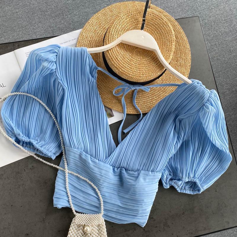 Summer Style Women's Deep V Puff Sleeve Short Top AP00030