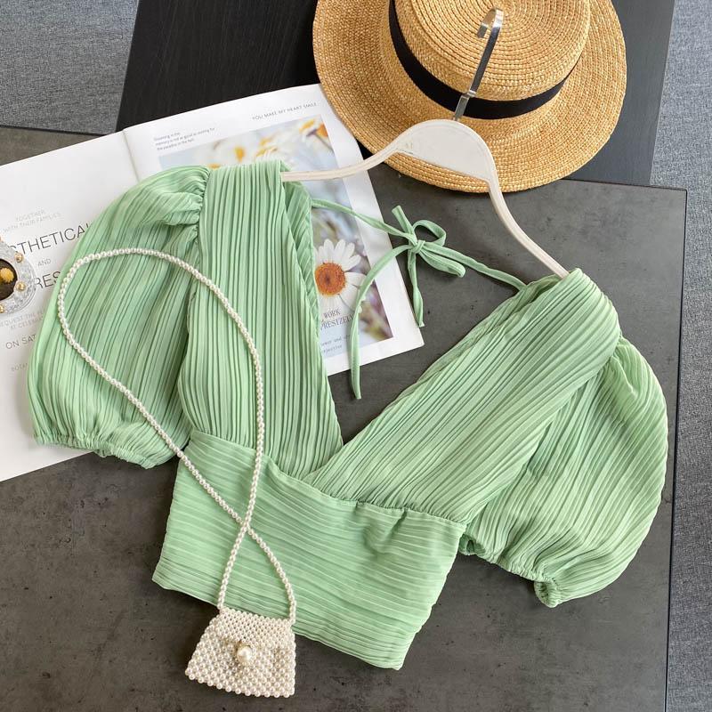 Summer Style Women's Deep V Puff Sleeve Short Top AP00030