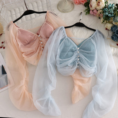 Short Sexy V-neck See-through Long-sleeved Sunscreen Jacket Women AP00040