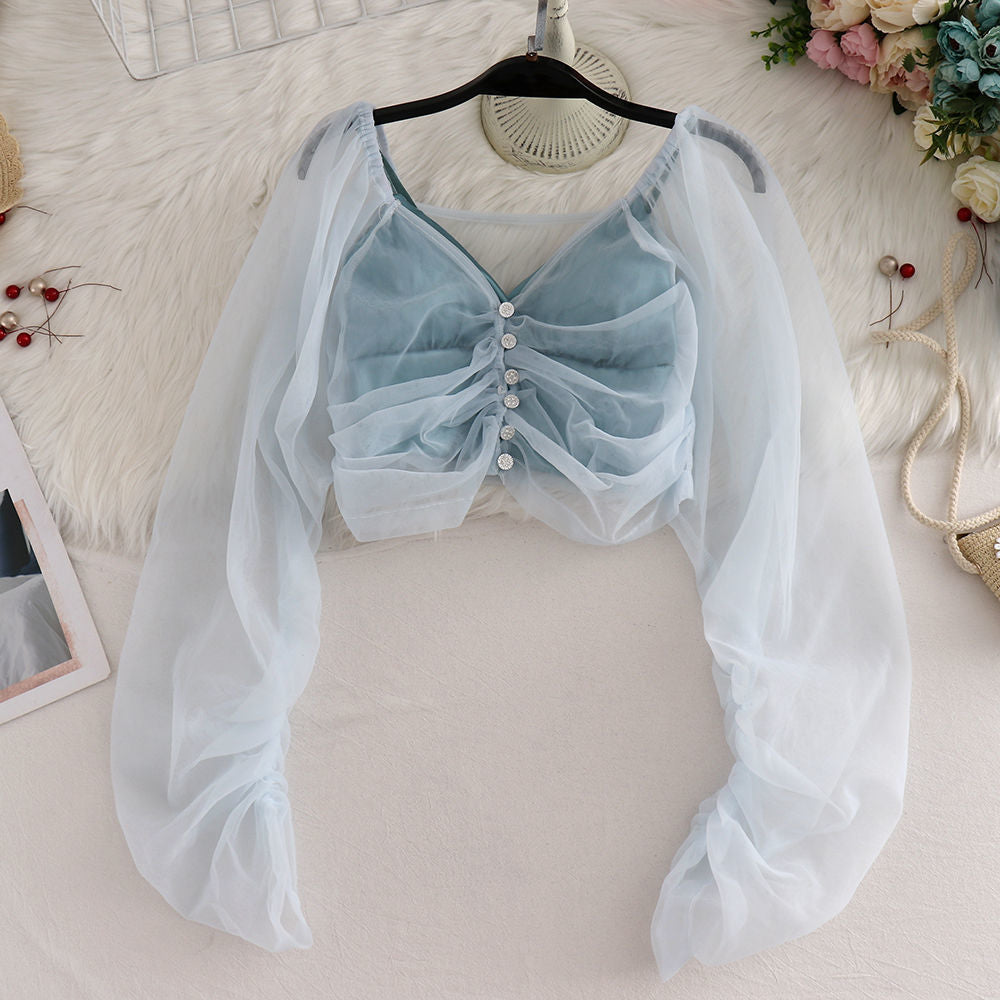 Short Sexy V-neck See-through Long-sleeved Sunscreen Jacket Women AP00040