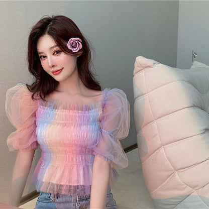Simple Fashion V-neck Women Rainbow Mesh Slim Short Puff Sleeve Short Sleeve Top AP000188