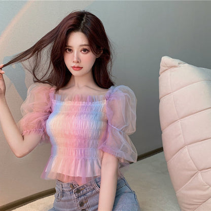 Simple Fashion V-neck Women Rainbow Mesh Slim Short Puff Sleeve Short Sleeve Top AP000188