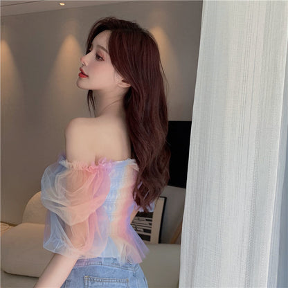 Simple Fashion V-neck Women Rainbow Mesh Slim Short Puff Sleeve Short Sleeve Top AP000188
