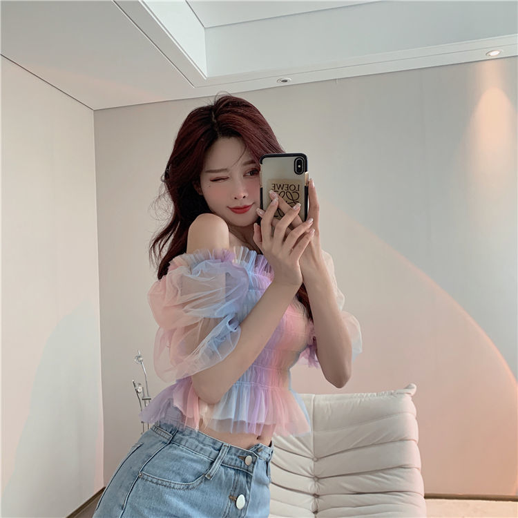 Simple Fashion V-neck Women Rainbow Mesh Slim Short Puff Sleeve Short Sleeve Top AP000188