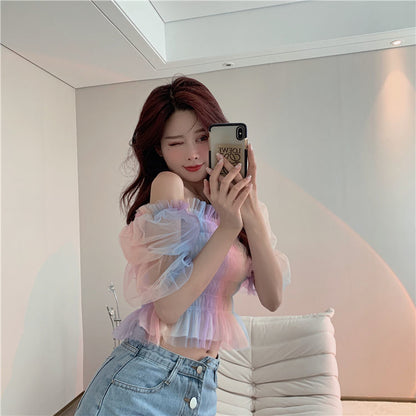 Simple Fashion V-neck Women Rainbow Mesh Slim Short Puff Sleeve Short Sleeve Top AP000188