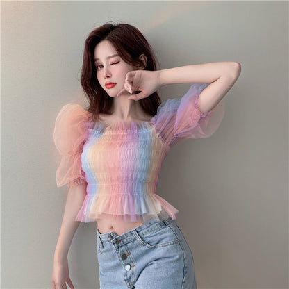 Simple Fashion V-neck Women Rainbow Mesh Slim Short Puff Sleeve Short Sleeve Top AP000188