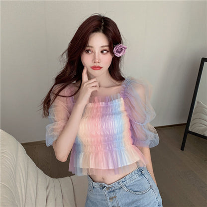 Simple Fashion V-neck Women Rainbow Mesh Slim Short Puff Sleeve Short Sleeve Top AP000188
