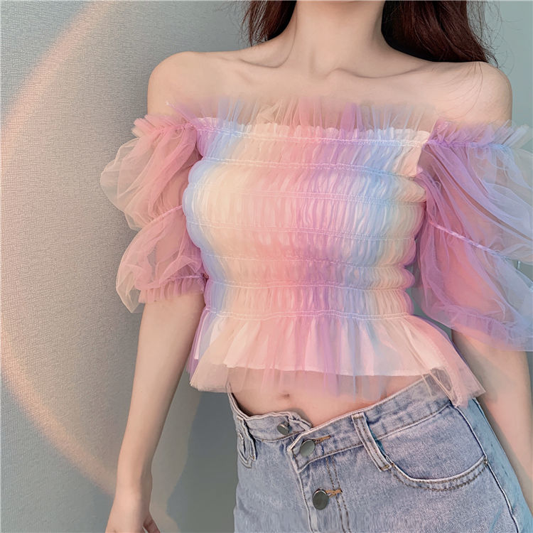 Simple Fashion V-neck Women Rainbow Mesh Slim Short Puff Sleeve Short Sleeve Top AP000188