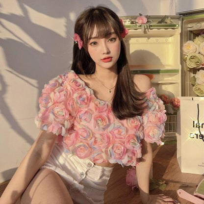 Summer Women's Three-dimensional Petal Short Shirt Top AP00038