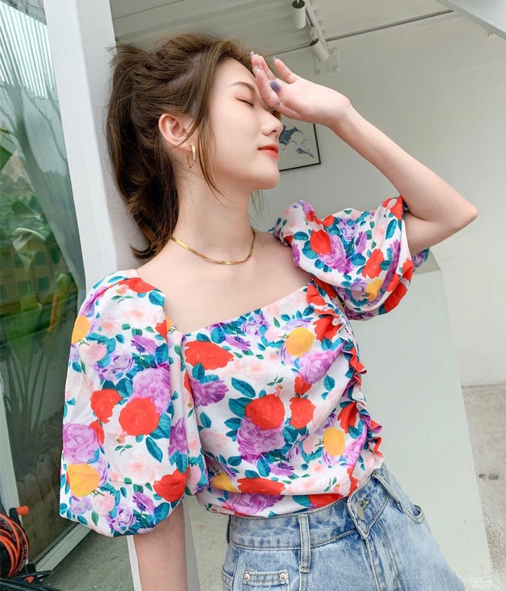 Summer Small Fresh French Floral Chiffon Shirt Women Short Long Sleeve Shirt Tide Top Square Collar Small Shirt AP000186
