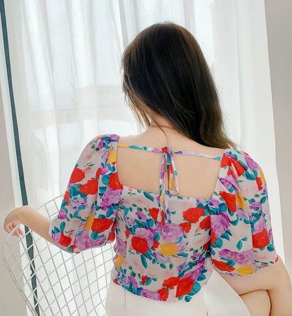 Summer Small Fresh French Floral Chiffon Shirt Women Short Long Sleeve Shirt Tide Top Square Collar Small Shirt AP000186