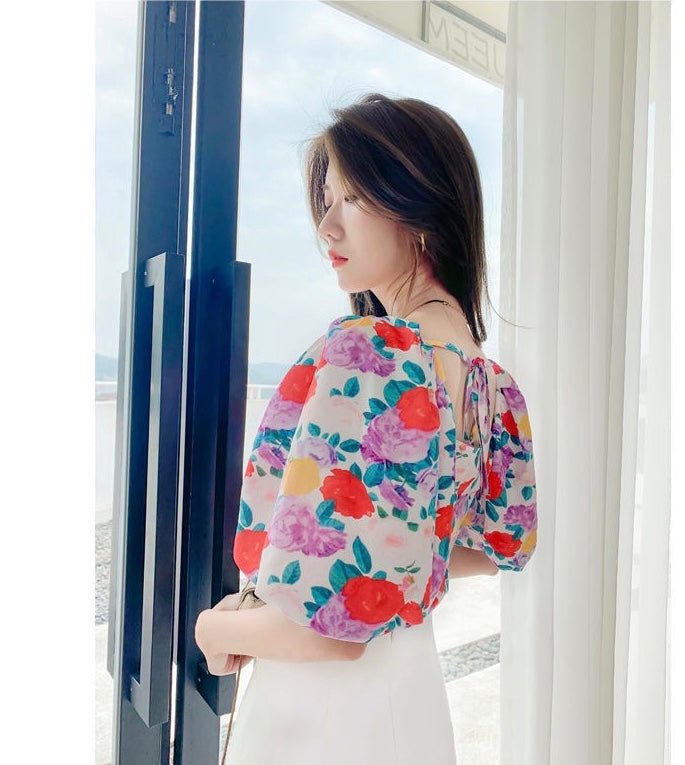 Summer Small Fresh French Floral Chiffon Shirt Women Short Long Sleeve Shirt Tide Top Square Collar Small Shirt AP000186