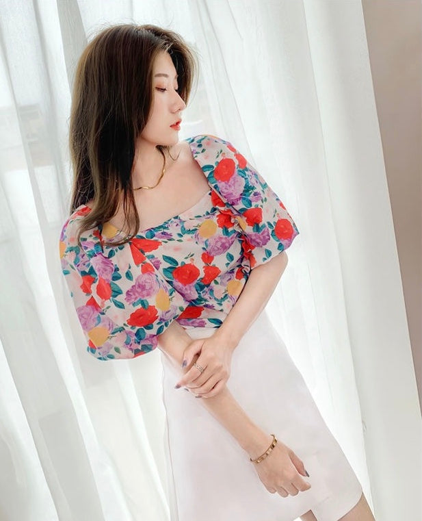 Summer Small Fresh French Floral Chiffon Shirt Women Short Long Sleeve Shirt Tide Top Square Collar Small Shirt AP000186