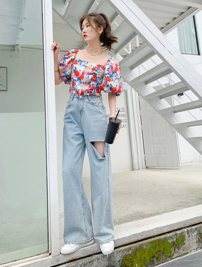 Summer Small Fresh French Floral Chiffon Shirt Women Short Long Sleeve Shirt Tide Top Square Collar Small Shirt AP000186