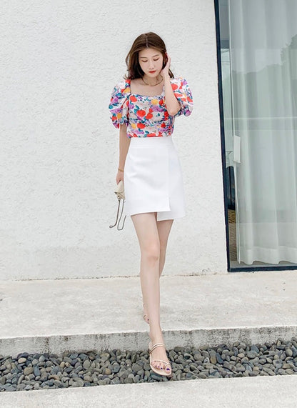 Summer Small Fresh French Floral Chiffon Shirt Women Short Long Sleeve Shirt Tide Top Square Collar Small Shirt AP000186