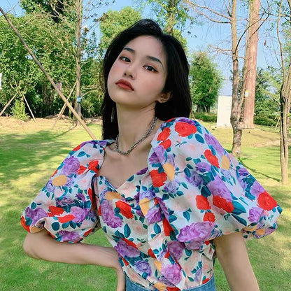 Summer Small Fresh French Floral Chiffon Shirt Women Short Long Sleeve Shirt Tide Top Square Collar Small Shirt AP000186