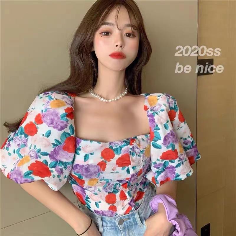 Summer Small Fresh French Floral Chiffon Shirt Women Short Long Sleeve Shirt Tide Top Square Collar Small Shirt AP000186