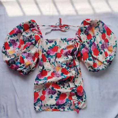 Summer Small Fresh French Floral Chiffon Shirt Women Short Long Sleeve Shirt Tide Top Square Collar Small Shirt AP000186