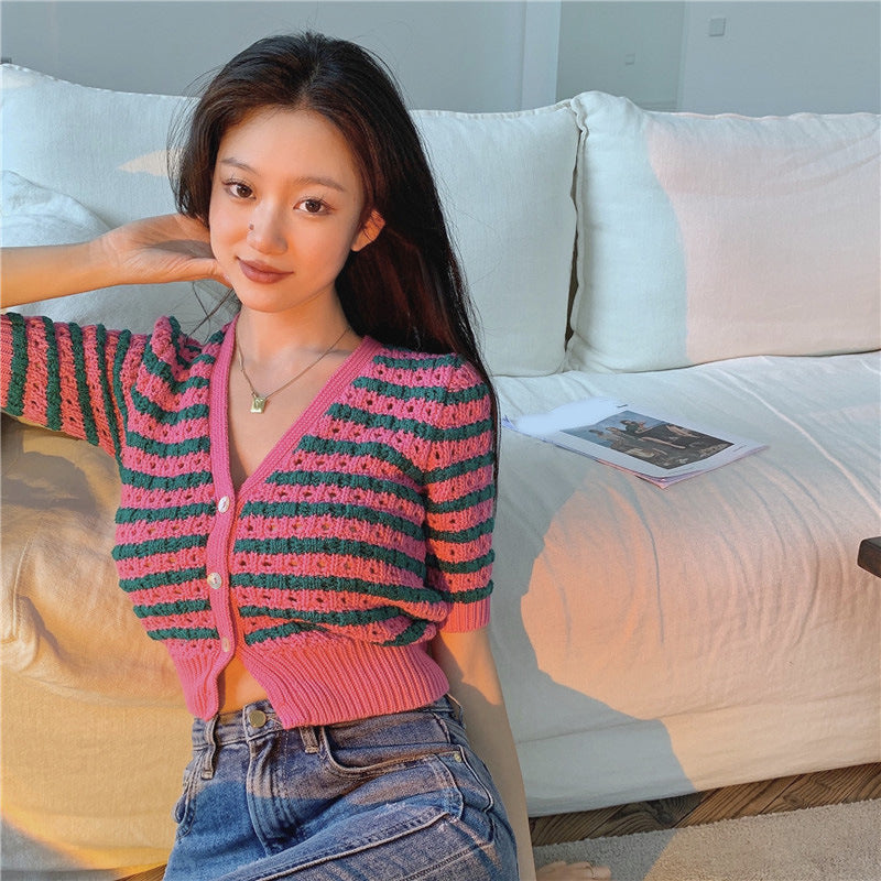 Knitted Cardigan Sweet Hit Color Striped Hollow Sweater Summer Slim Short Coat Jacket Trend AP000180