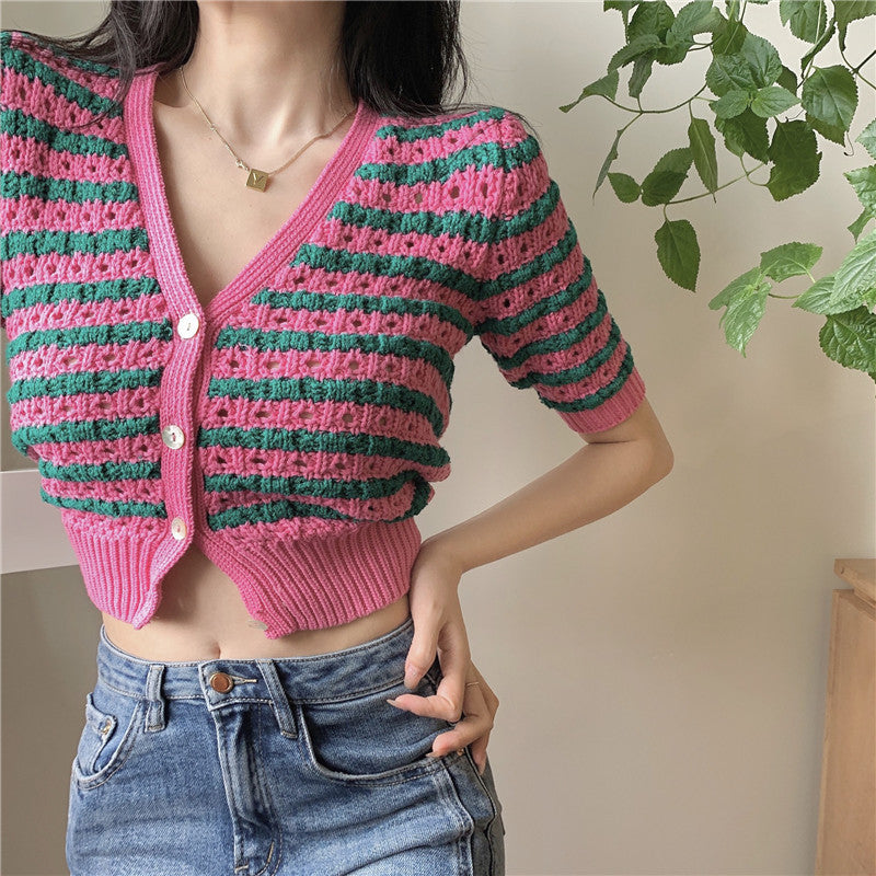 Knitted Cardigan Sweet Hit Color Striped Hollow Sweater Summer Slim Short Coat Jacket Trend AP000180