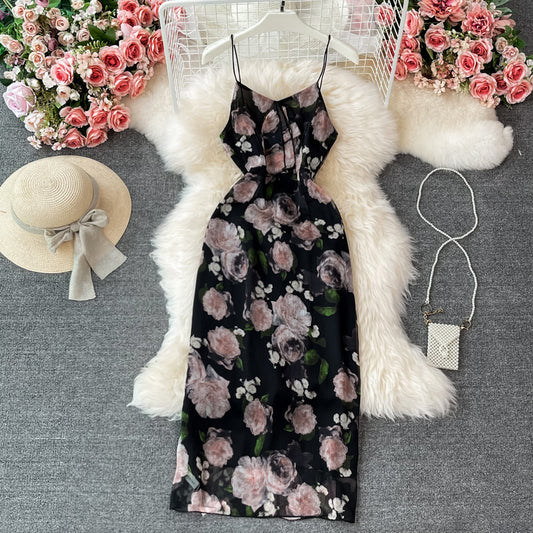 Split Flower Dress , Temperament,vintage, Sexy Halter Dress AP00064
